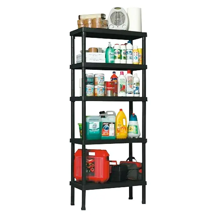 Regalux Estantería de plástico XL - Al x An x Pr: 188 x 90 x 40 cm, Capacidad de carga por balda: 55 kg, Número de baldas: 5 ud., Inserción, Negro - Estantería negra con cinco niveles llenos de una variedad de artículos ordenados para almacenamiento.