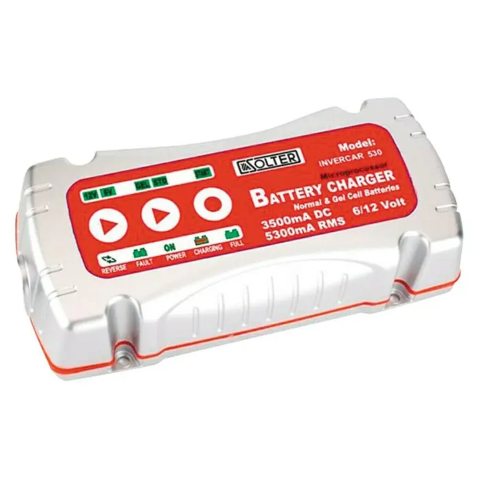 Solter Invercar Arrancador de baterías 530 - Baterías de hasta 60 Ah - Un cargador de batería compacto de color plateado con etiquetas rojas, apto para baterías de 6/12 voltios con 3500mA DC / 5300mA RMS.