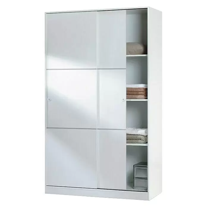 Armario de puertas correderas Ward - L x An x Al: 50 x 120 x 200 cm, Blanco brillo - Armario blanco con puertas correderas de paneles divididos y estantes abiertos para almacenamiento.