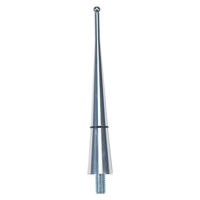 Antena de aluminio - Largo: 9 cm, Cromo - Primer plano de una antena de coche metálica brillante con rosca en la parte inferior y una punta de bola, aislada sobre blanco.