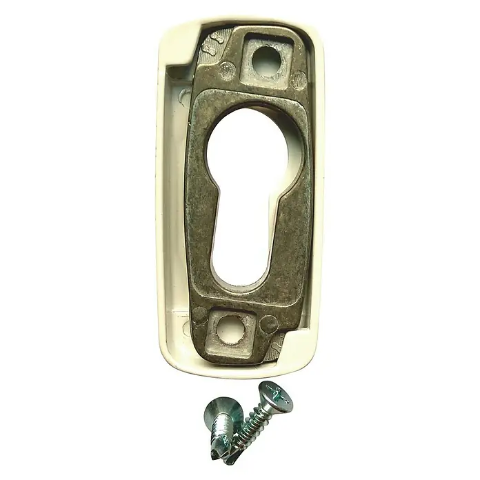 Escudo para cerraduras Europerfil - Blanco - Primer plano de una bocallave para cerradura de puerta de metal y plástico, junto con dos tornillos para su instalación.
