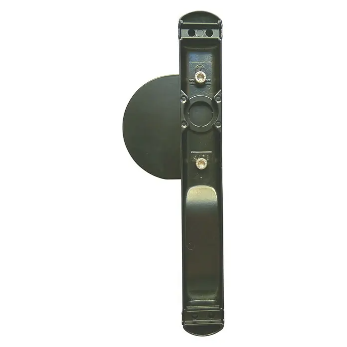 Cerradura para puertas y ventanas 82096 - Negro - Primer plano de la manija de la puerta trasera de metal negro con accesorio circular, que muestra su construcción duradera y de alta calidad.