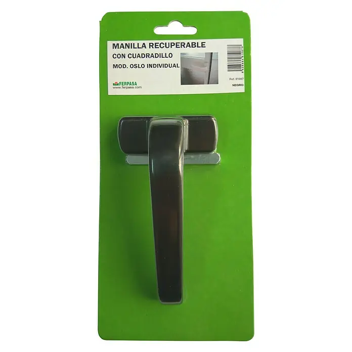 Manilla para ventana - Largo: 100 mm, Apertura según normativa: Izquierda/Derecha, Negro - Manilla negra para ventanas "Manilla Recuperable" con cuadradillo, modelo "Oslo Individual" en embalaje verde.