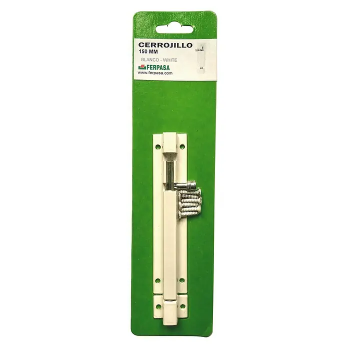Cerradura adicional para ventanas - Largo: 150 mm, Aluminio, Blanco - Un cerrojo blanco de 150 mm de Ferpasa montado en un embalaje verde, incluyendo los tornillos para la instalación.