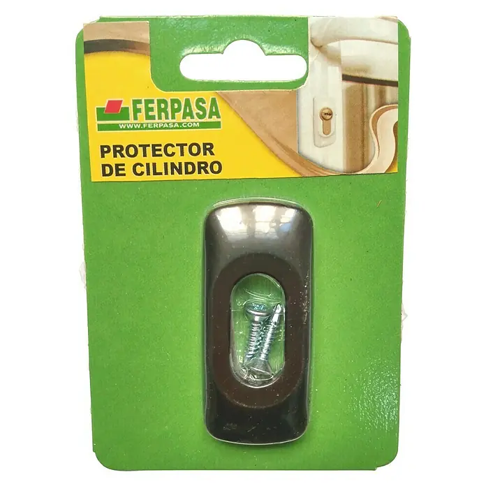 Escudo para cerraduras Ovalado - Negro - Protector de cilindro FERPASA en embalaje verde con ventana transparente y tornillos.