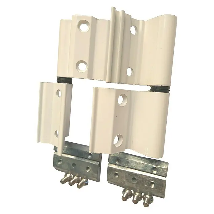 Bisagra 40-20 - Blanco, 2 ud. - Primer plano de bisagras blancas para ventanas con bases y tornillos plateados, utilizadas para accesorios o reparaciones de ventanas.