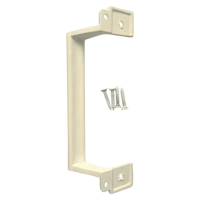 Manillón 81032 - Blanco - Primer plano de una extensión de manija de ventana blanca con tornillos. Perfecto para brindar mayor comodidad y apalancamiento al abrir y cerrar ventanas.
