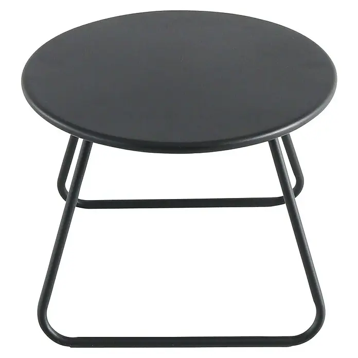Sunfun Sarah Garten-Beistelltisch rund - Ø x H: 48 x 37,5 cm, Stahl, Schwarz - Nahaufnahme eines modernen, runden Beistelltisches mit schlanken Metallbeinen auf schwarzem Hintergrund.