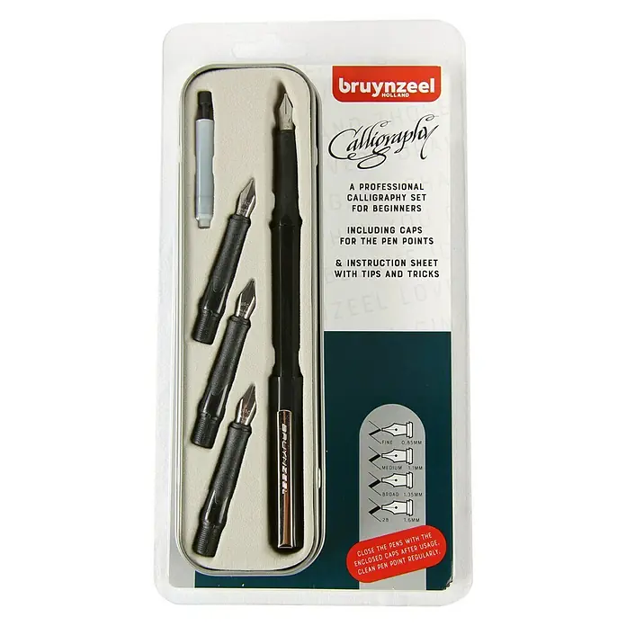 Talens Set de marcadores Caligrafía 4 puntas - Negro, 1 mm - Set de caligrafía Bruynzeel, un conjunto profesional para principiantes, con varias puntas de pluma y una hoja de instrucciones.