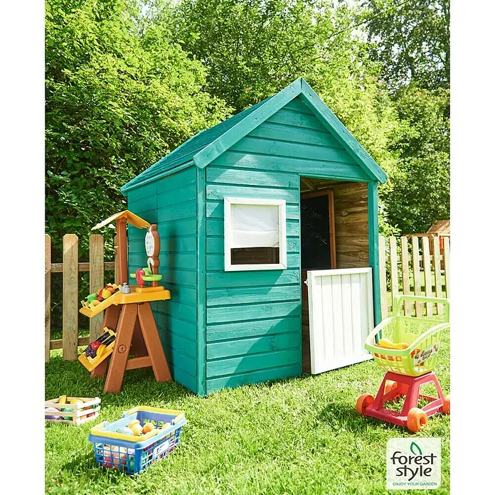 Soulet Spielhaus Marina - L x B x H: 123 x 119 x 158,5 cm, Holz, Natur - Ein mintfarbenes Spielhaus im Garten mit einem Spielzeug-Verkaufsstand und einem Einkaufswagen. Perfekt für fantasievolles Spielen im Freien.