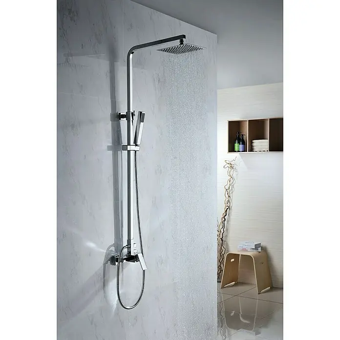 Imex Valencia Sistema de ducha - Con grifo monomando, Distancia entre orificios: 15 cm, Número de tipos de chorro: 1 ud., Cromo - La imagen muestra un moderno conjunto de ducha en un baño, destacando su mezcla de funcionalidad y diseño elegante.