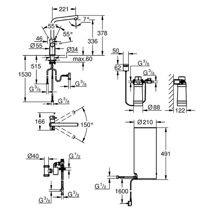 Grohe Spültischarmatur Red II DuoL-Auslauf, Boiler: Größe L, Edelstahloptik Front View