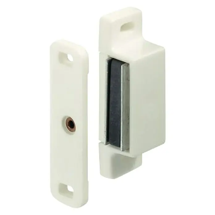 Stabilit Cerradura magnética - Apto para: Mueble, Blanco - Primer plano de un cierre magnético blanco para puertas, utilizado para armarios o puertas para mantenerlas cerradas con fuerza magnética.
