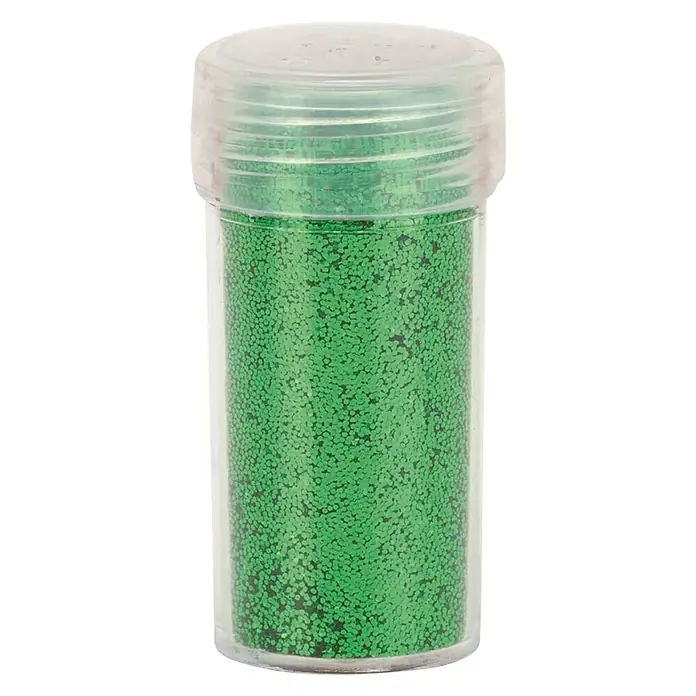 Glorex Deko-Effekt-Flitter - Grün, 14 ml - Ein Behälter mit grünem Glitzerpulver, ideal für Bastelarbeiten und Dekorationen, mit durchsichtigem Deckel, der den Inhalt sicher verschließt.