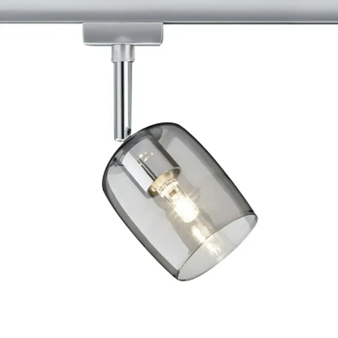 Paulmann URail LED-Spot Blossom - 10 W, Chrom/Rauchglas, G9, 1 Stk. - Nahaufnahme einer modernen, verstellbaren Schienenleuchte mit grauem Glasschirm und warmem Licht.