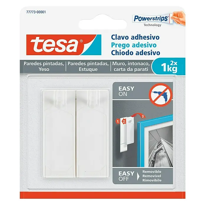 Tesa Clavo adhesivo - Apto para: Paredes pintadas, Carga soportada: 1 kg, 2 ud., Blanco - Clavo adhesivo Tesa: una solución práctica para colgar objetos sin taladrar. Fácil de aplicar y extraíble. Capacidad de carga 2x 1 kg.