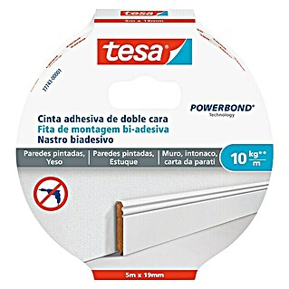 Tesa Powerbond Cinta de doble cara Paredes pintadas/Yeso (L x An: 5 m x 1,9 cm, Blanco)