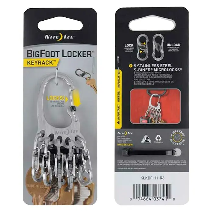 Nite Ize Mosquetón BigFoot Locker KeyRack - L x An: 140 x 20 mm, Acero inoxidable - Nite Ize Bigfoot Locker Keyrack: Llavero con mosquetón resistente y cinco S-Biner Microlocks de acero inoxidable para una gestión segura de las llaves.
