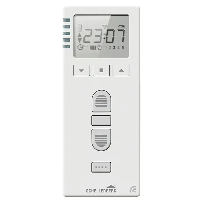 Schellenberg Temporizador Premium - L x An x Al: 28,5 x 11 x 5,5 cm, Blanco, En pared - La imagen muestra un temporizador Schellenberg para persianas enrollables, con pantalla digital para controlar las funciones.