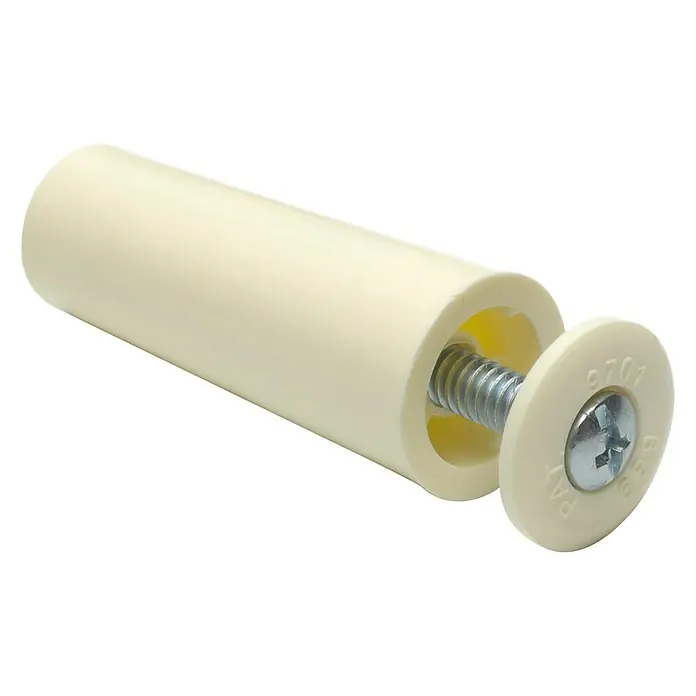 Tope de cierre para persiana - Ø x L: 20 x 60 mm, Beige, 2 ud. - Primer plano de un tope de puerta con tornillo y carcasa de plástico, diseñado para proteger la pared de las manijas.