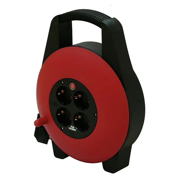 Eurobric 2000 Enrollacables 15 metros - 15 m, H05VV-F, IP20 - Un carrete de cable rojo con asa negra y cuatro enchufes. Práctico para uso interior y exterior.