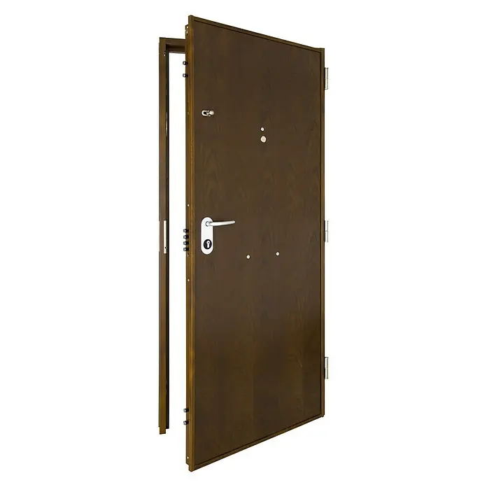 SegureStil Puerta de entrada exterior V500CC Serie V - 90 x 207 cm, Izquierda, Nogal, Acorazada - Puerta de seguridad elegante y abierta con un diseño de madera oscura, combinando seguridad y elegancia para un hogar acogedor.