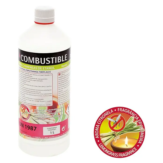 Purline Bioetanol Citronela - 1 l - Botella de combustible líquido para chimeneas de etanol con aroma de citronela y fragancia de hierba limón, UN 1987.