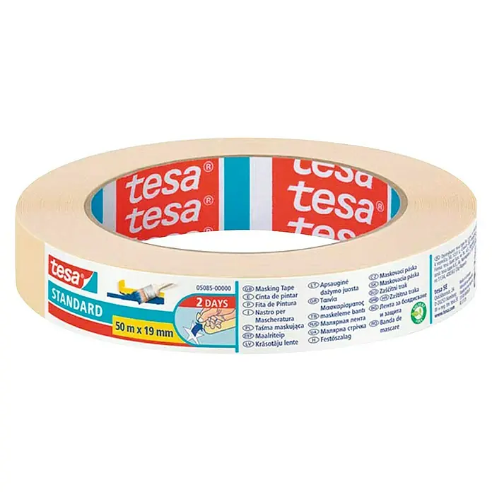 Tesa Cinta de pintor Standard - 50 m x 19 mm - Cinta de enmascarar Tesa Standard, 50 m x 19 mm. Ideal para bordes de pintura limpios y enmascaramiento temporal en interiores.