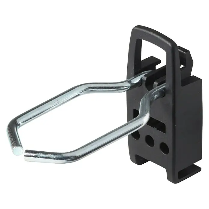 Gancho para panel perforado - Largo: 3,5 cm, 5 pzs. - Primer plano de un soporte de herramientas de plástico negro con un gancho de metal curvado plateado.