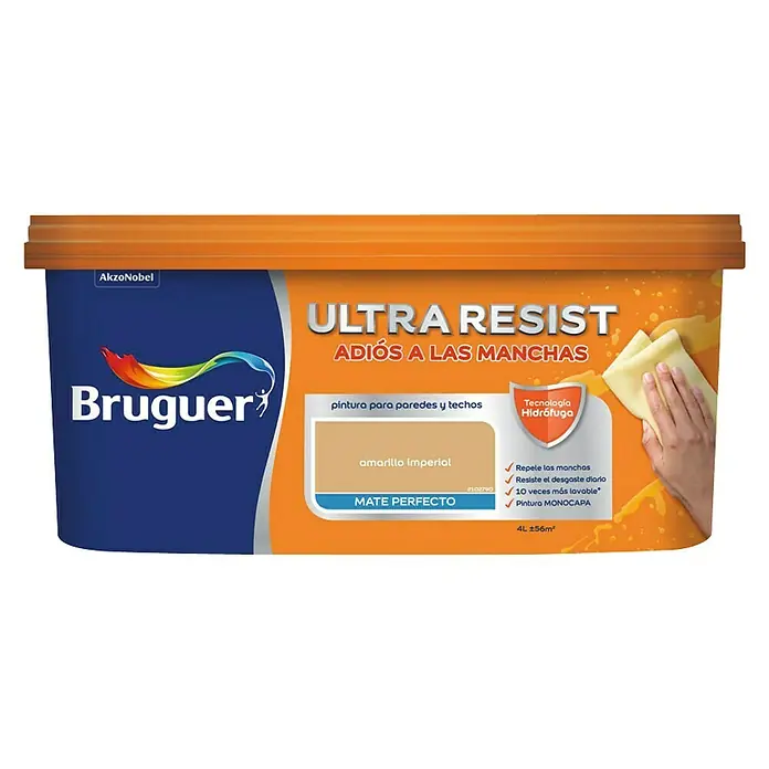Bruguer Ultra Resist Pintura para paredes - Amarillo imperial, Mate, 4 l - Cubo de pintura Bruguer Ultra Resist en amarillo. La pintura es resistente a las manchas e ideal para paredes y techos.