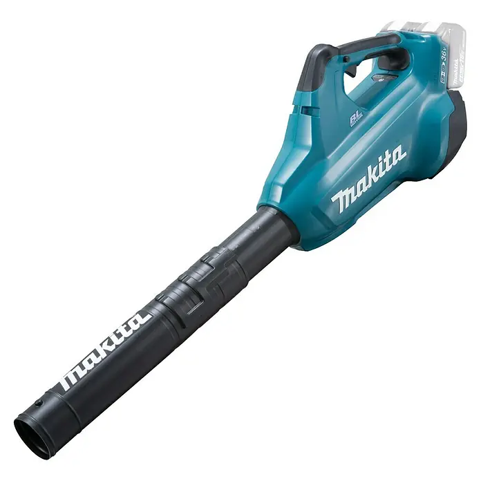 Makita LXT 18V Akku-Laubbläser DUB362Z - 18 V, Ohne Akku, Blasgeschwindigkeit: 27 m/s - 53 m/s, Blasleistung: 402 m³/h - 798 m³/h - Akkubetriebener Laubbläser von Makita mit einem schlanken, türkisfarbenen Gehäuse und einem schwarzen Blasrohr, ideal für die Gartenpflege.