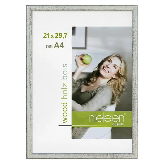 Nielsen Holzrahmen Zoom - DIN A4 / 21 x 29,7 cm, Silber - Bilderrahmen aus Holz, weiß gewischt, für Fotos oder Bilder im Format 21x29,7 cm (DIN A4), für eine stilvolle Wanddekoration.