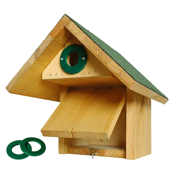 Dobar Nistkasten Räuberschutz - 25,5 x 29 x 25,5 cm, Natur/Grün, Holz - Nisthöhle aus Holz mit grünem Dach und Einflugloch für Vögel, ideal für den Garten.