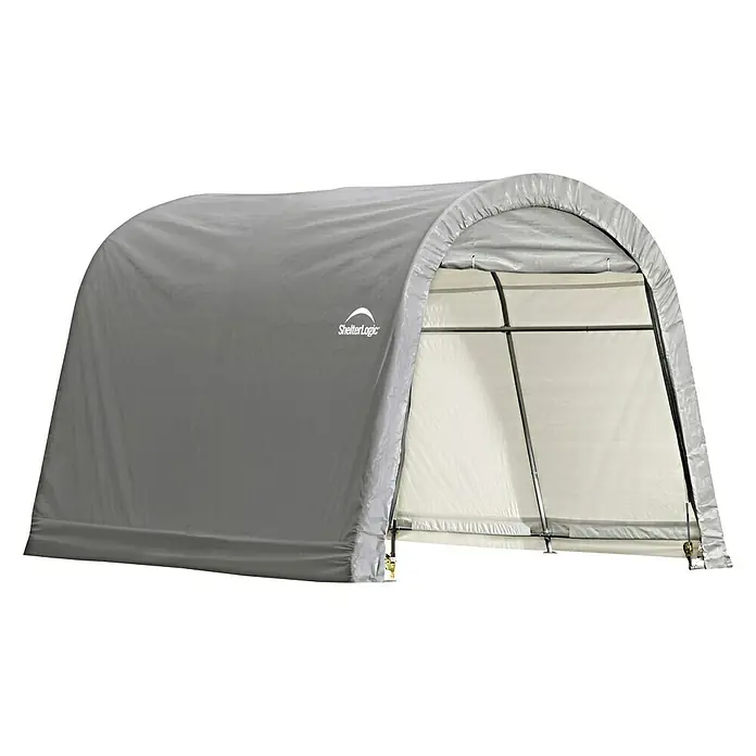 ShelterLogic Gerätehaus - Außenbreite inkl. Dachüberstand: 300 cm, Außentiefe inkl. Dachüberstand: 300 cm, Stahl, Grau - Graue ShelterLogic-Überdachung, ideal als Lagerraum. Das robuste Design bietet Schutz vor den Elementen und verlängert die Lebensdauer Ihrer Gegenstände.