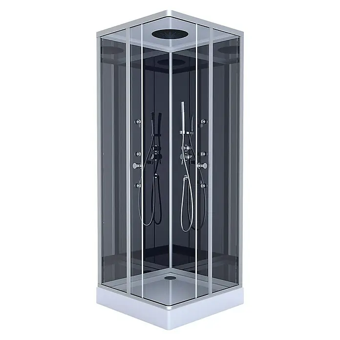 Aurlane Cabina de ducha completa Vitamine Black Square - 90 x 90 x 215 cm, Negro Gris Plata - Una cabina de ducha moderna con vidrio oscuro y accesorios plateados. La cabina es cuadrada y tiene un rociador de lluvia.
