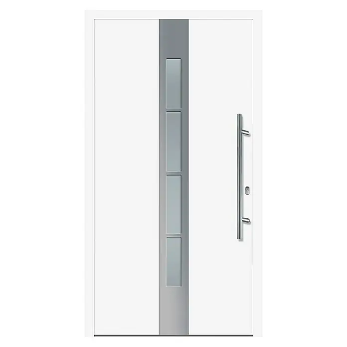 Solid Elements Haustür KA-200 - 110 x 210 cm, DIN Anschlag: Rechts - Elegante Haustür in Weiß mit vertikalem Glaseinsatz und modernem Edelstahlgriff. Die Tür besticht durch schlichtes Design und hochwertige Materialien.
