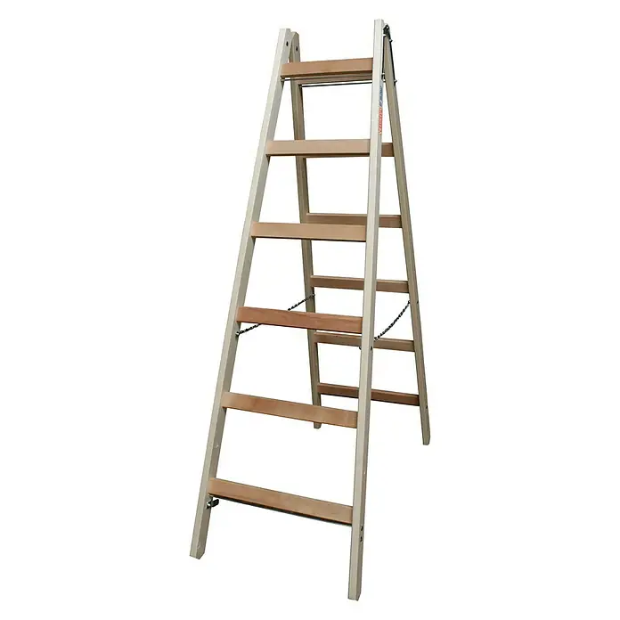 Krause Stabilo Escalera doble - Número de peldaños: 12 ud., Altura de trabajo: 3 m, Madera - Escalera de madera con peldaños y cadena metálica de seguridad, ideal para trabajos interiores y exteriores.