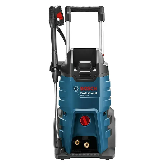 Bosch Professional Hochdruckreiniger GHP 5-55 - 130 bar, 2.200 W, Fördermenge: 520 l/h - Abbildung eines blauen Bosch Professional GHP 5-55 Hochdruckreinigers mit schwarzem Griff und roten Akzenten für professionelle Reinigungsaufgaben.