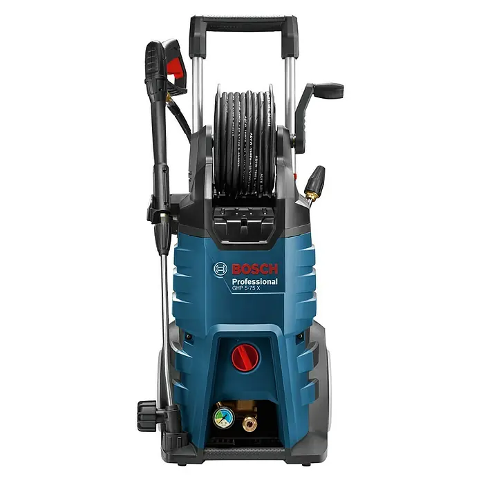 Bosch Professional Hochdruckreiniger GHP 5-75 X - 185 bar, 2.600 W, Fördermenge: 570 l/h - Das Bild zeigt einen blauen Bosch GHP 5-75 X Professional Hochdruckreiniger, ein robustes Gerät für anspruchsvolle Reinigungsaufgaben.