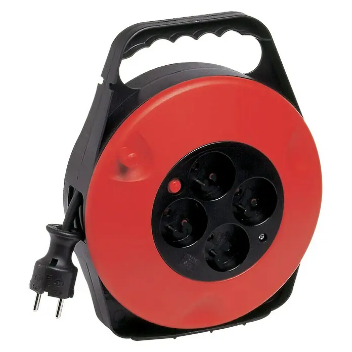 Kabeltrommel - Kunststoff, 10 m, H05VV-F, IP20, Schwarz/Rot - Eine Kabeltrommel mit roter Abdeckung, schwarzen Steckdosen und einem Tragegriff. Ideal für Baustellen und den Einsatz im Freien.