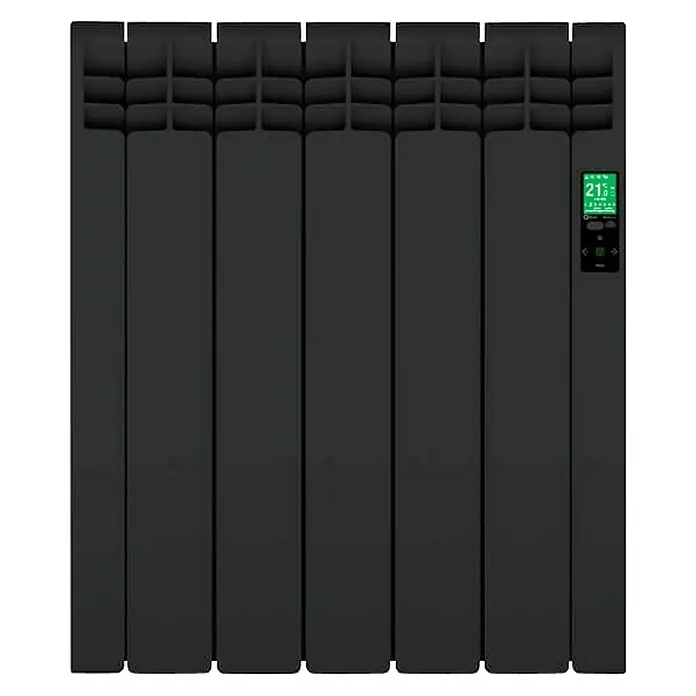 Rointe Emisor térmico Delta - 550 W, Negro, 9,7 x 51 x 58,5 cm, Fluido - Imagen de un radiador negro con pantalla digital. Ideal para una calefacción eficiente y elegante de la habitación.