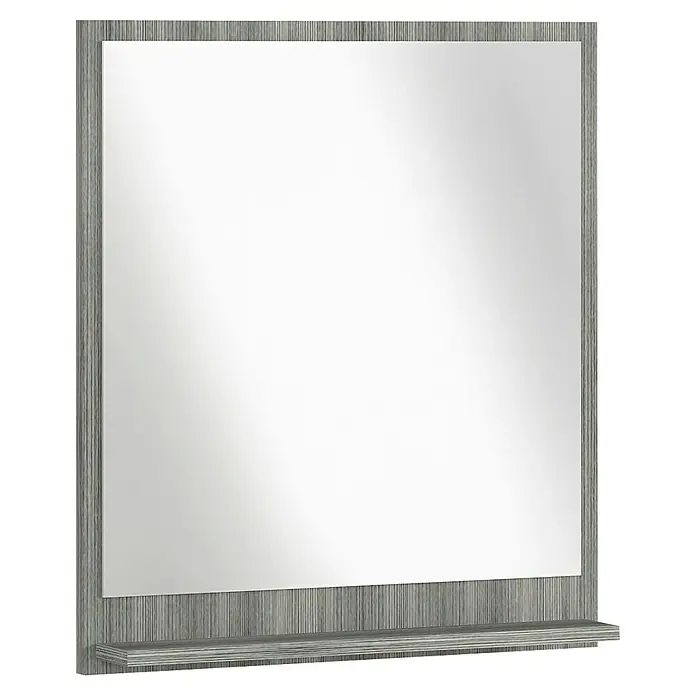 Astor Oslo Ablagespiegel - 10 x 60 x 68 cm, Grafit - Ein grauer Holzrahmen umgibt einen rechteckigen Spiegel, der an einer Wand befestigt ist und über eine Ablage verfügt.