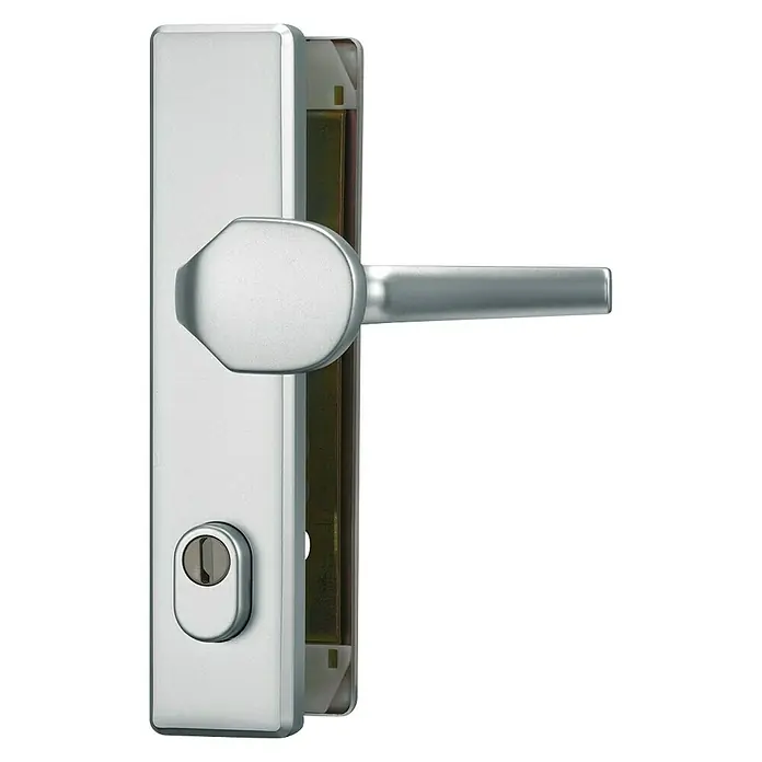 Abus Schutzbeschlag HLZS814 - Hauseingangstür, Aluminium, Knopf außen, Drücker innen, Stärke Tür: 52 mm - 72 mm - Türbeschlag mit Drücker und Schlüsselzylinder in Silberoptik. Modernes Design für Innentüren, ideal für zeitgemäße Wohnräume.