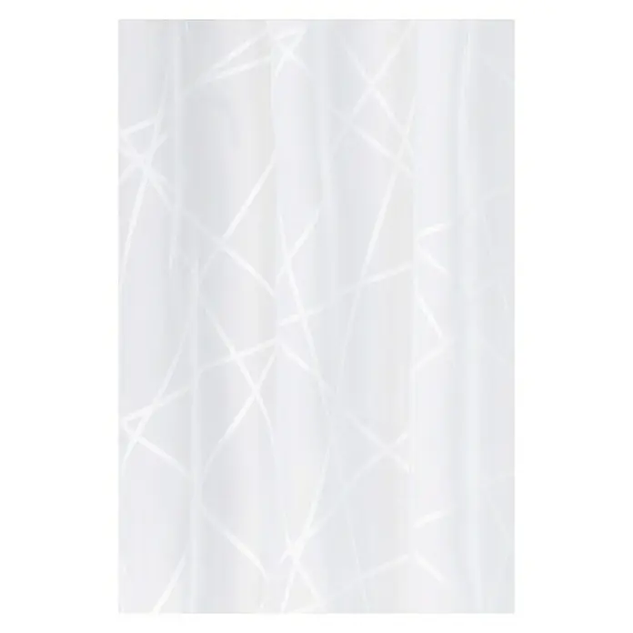 Elbersdrucke Bistrogardine Crossover - 140 x 48 cm, 100 % Polyester, Weiß - Nahaufnahme eines weißen Duschvorhangs mit einem abstrakten, geometrischen Muster aus hellen Linien, das eine dezente Eleganz ausstrahlt.