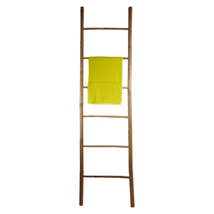 MSV Toallero para baño escalera de 6 niveles - Ancho: 50 cm, Natural - Escalera decorativa de bambú con una toalla amarilla, ideal para baños o como almacenamiento elegante.