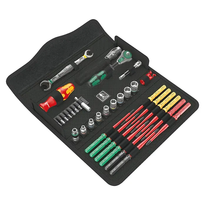 Wera Kraftform Kompakt Werkzeug-Set W1 Wartung - 35 -tlg. - Werkzeugsatz in einer schwarzen Stofftasche, inklusive Schraubenschlüssel, Schraubendreher und diverser Bits und Aufsätze.