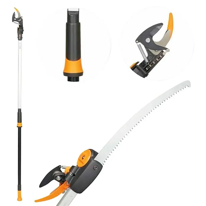 Fiskars Teleskop-Schneidgiraffe UPX86 & Adapter-Baumsäge - Max. Aststärke: 32 mm - Bild einer Teleskop-Astschere, einem Gartengerät zum Beschneiden von Ästen in großer Höhe ohne Leiter.