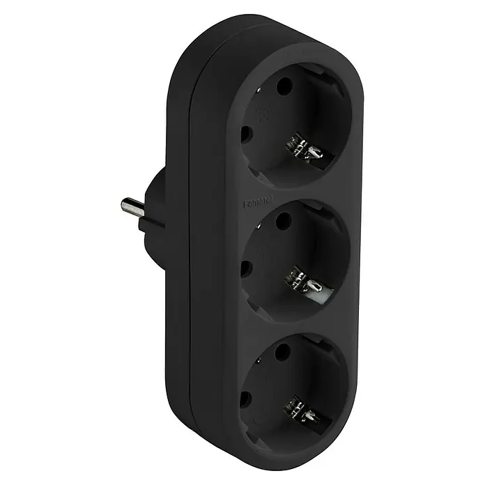Adaptador de corriente universal triple TT - Potencia de conexión máx.: 3.680 W, Negro - Un adaptador de corriente negro con tres enchufes y un conector. Ideal para conectar varios dispositivos electrónicos.