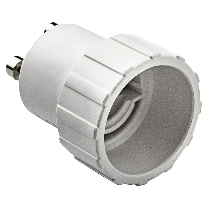 Adaptador de casquillo GU10 a E14 - Blanco - Primer plano de un accesorio de tubería de PVC blanco con dos pines metálicos sobre un fondo negro.