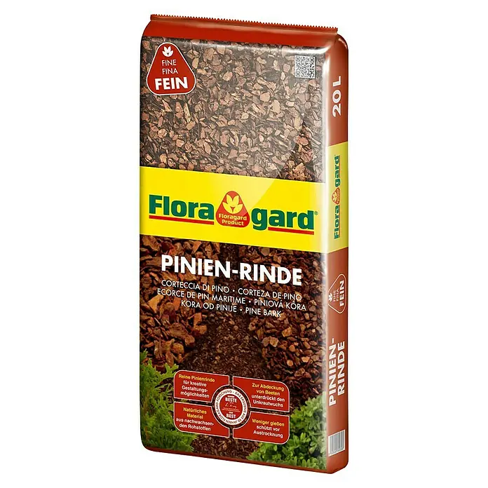 Floragard Dekormulch Pinien-Rinde - 20 l, 2 mm - 8 mm - Eine 20-Liter-Packung Floragard Pinienrinde, ein natürliches Material zur kreativen Gartengestaltung und Beetabdeckung.